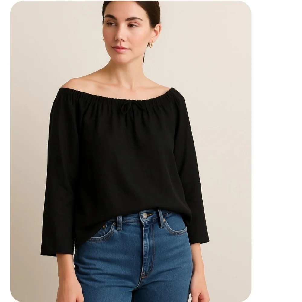 A.P.C. Black Cotton Linen Gathered Peasant Top Size Small - Picture 2 of 11